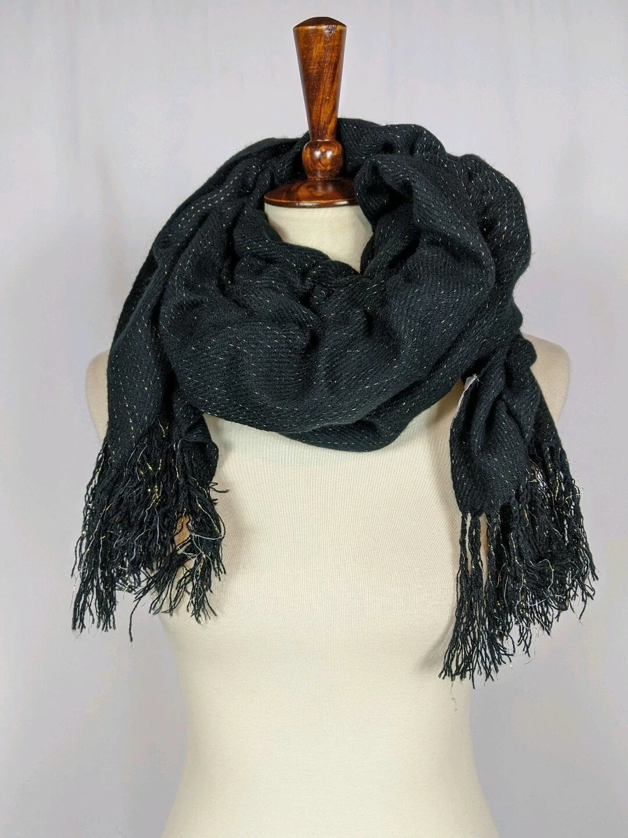 Big Buddha Black Ruched Long Rectangle Scarf Winter Metallic