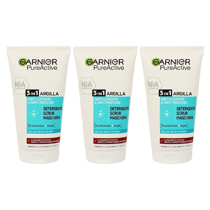 3pz GARNIER PureActive 3in1 Detergente Scrub Maschera viso ARGILLA 150ml
