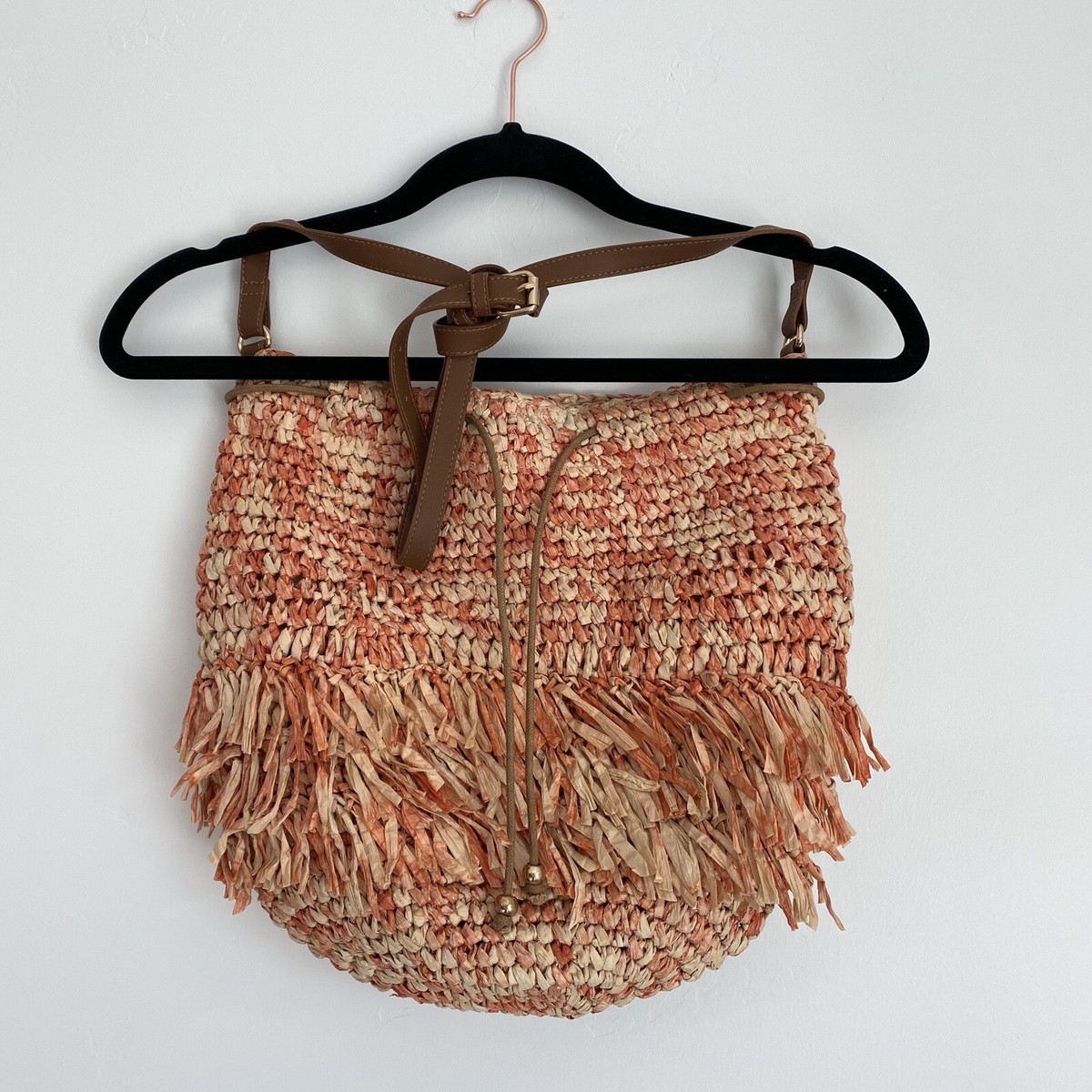 Nordstrom Orange Cream Boho Straw Fringe Crossbody Hobo Bucket