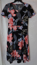 Shein Dress Womens Size M Black Floral Multi Print Belted Short Sleeve V Neck