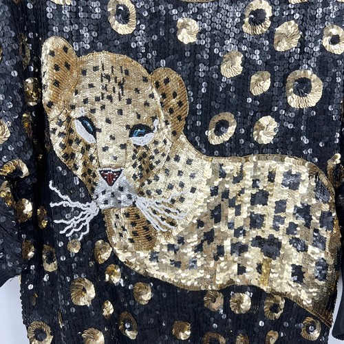 Vintage Simply Tops Sequin Embellished Cheetah Blouse Beaded Silk Lining Sz M/L - Picture 3 of 9