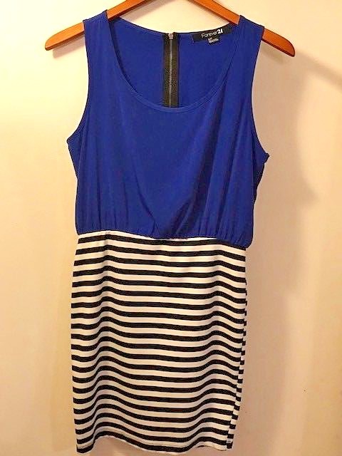 Forever 21 Blue Top Black & White Striped Sleeveless Casual Mini Dress Size S/P