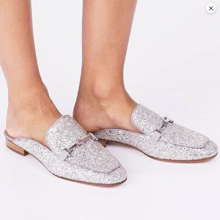 Brand New Tory Burch sz Amelia Glitter Backless Loafer Silver/grosgrain  49412