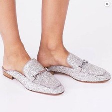 Brand New Tory Burch sz 8 Amelia Glitter Backless Loafer Silver/grosgrain 49412