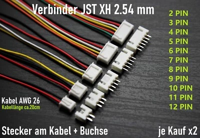 MARKENLOS Stecker Buchse JST XH 2.54 mm Kabel 26AWG Connector Verbinder 2-12 Pin