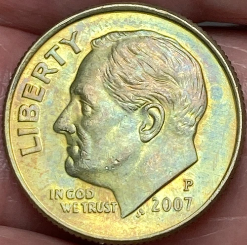 2007-P Roosevelt Dime Beautiful Lustrous Gold/Rainbow Toned Coin   #7