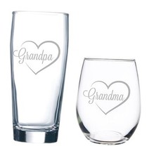 Grandpa 20 oz. Beer Glass and Grandma 15 oz. Stemless Wine Glass in Heart