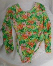 Art Class Swimsuit Girls Large 14 Green Floral Long Sleeve Cutout Back UPF50