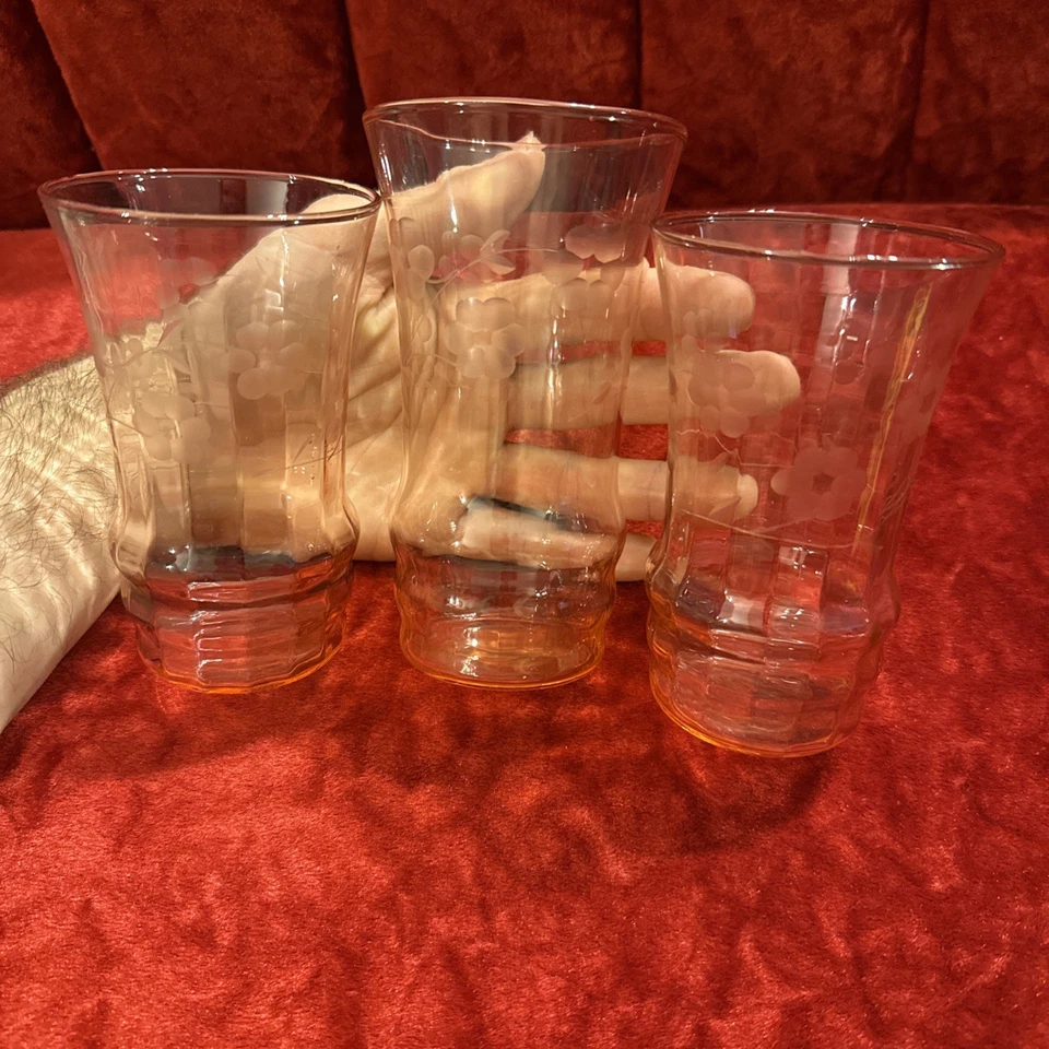 Juego de 3 vasos de chupito cordial rosa grabado de colección vidrio de depresión acanalado acanalado Foto 2 de 4