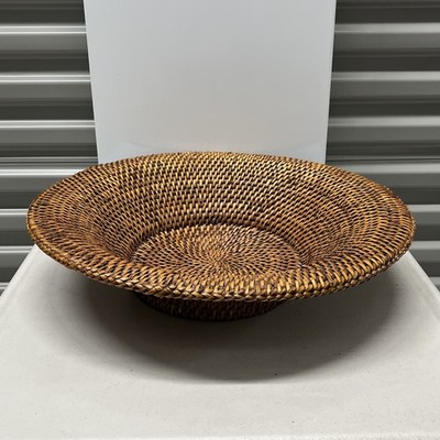Vintage Woven Bamboo Round Wicker Basket Storage Bread Fruit Bowl 20  x 4.5 H