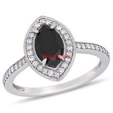 Natural Black Onyx Gemstone With 18k White Gold Plated Silver Women's Ring 10