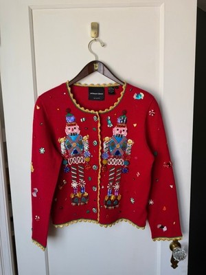 Vintage Michael Simon Beaded Nutcracker Christmas Cardigan Red M