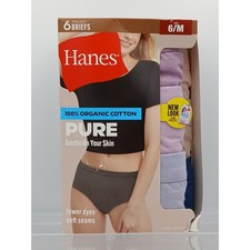 Hanes Women 6 Pack Pure Briefs 100 Organic Cotton Tagless Size 6/M Multi PC40AS