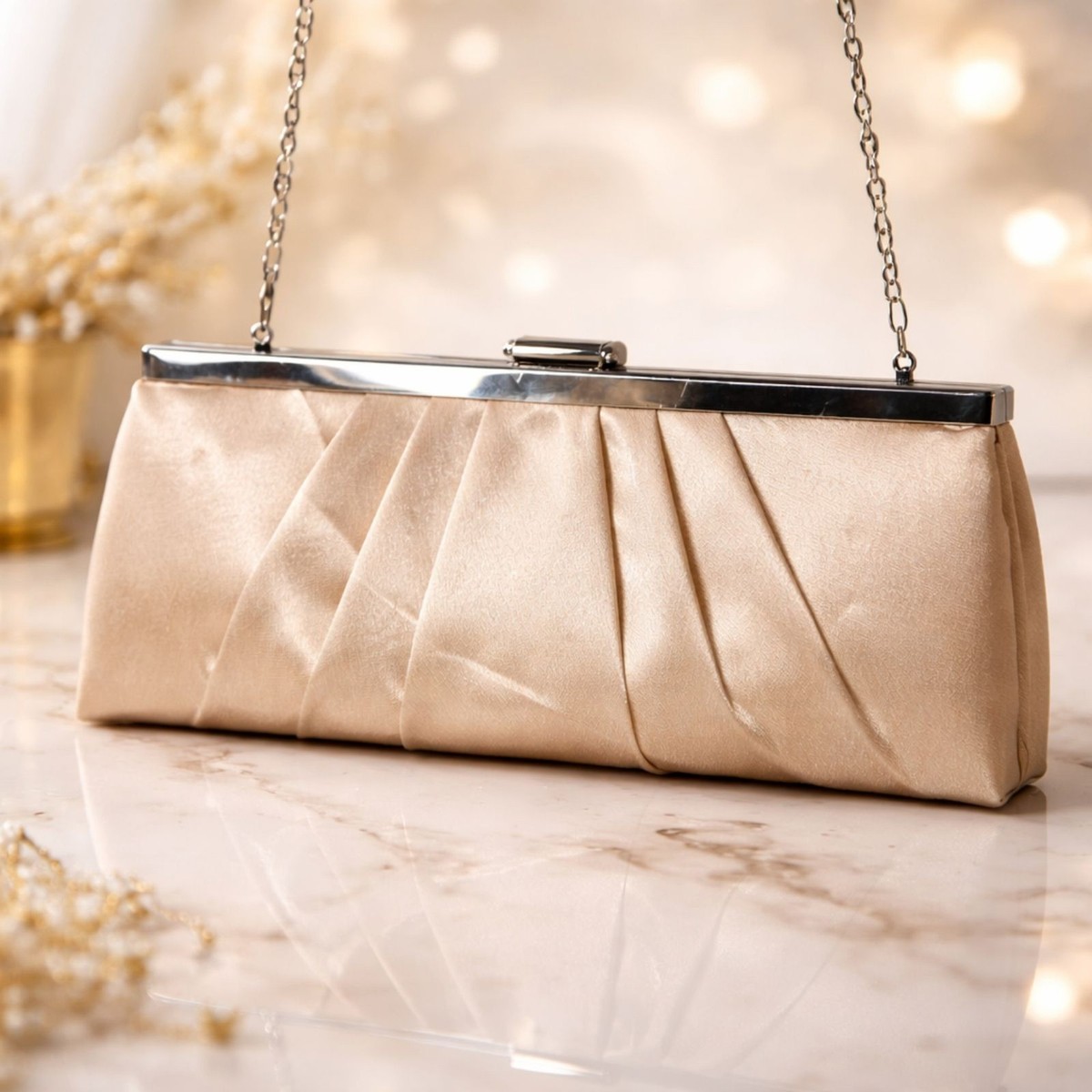 Jessica McClintock Champagne Formal Clutch Satin Evening Bag  display picture 1