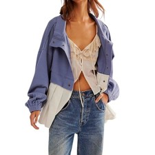 Free People Ellie Sweatshirt Button Front Pleated Blue White Relaxed Medium NWT
