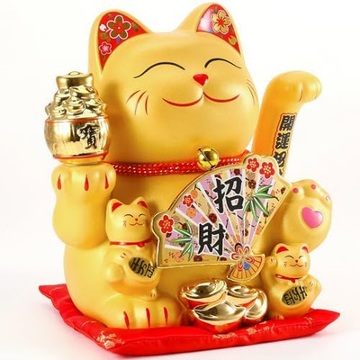 EnergyPower Golden Electric Maneki Neko Porcelain Lucky Cat Large Japan Premium