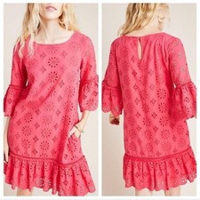 Anthropologie Pink Dani‎ Lace Tunic Dress Womens 0 Eyelet Bell Sleeves