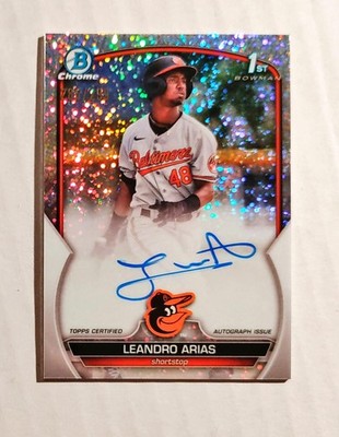 Leandro Arias 2023 1st Bowman Chrome AUTO SPECKLE REFRACTOR 285/299 Orioles z3