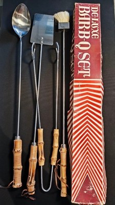 Vintage Deluxe Bar-B-Q Set Bambusgriffe Retro BBQ Grillbesteck 70er OVP