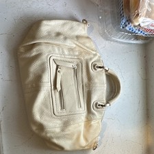 Ivory Pebbled Satchel Top Handle Bag Zip Closure Detachable Strap Gold Hardware