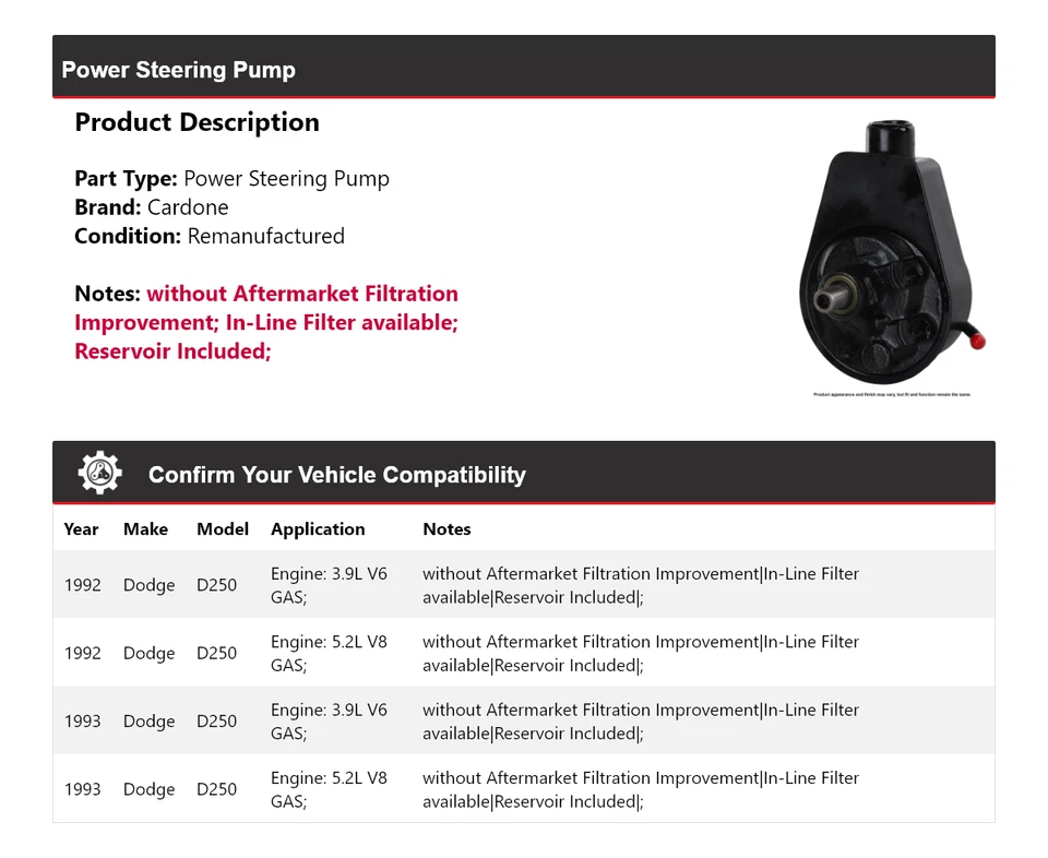 Насос гидроусилителя руля Cardone для Dodge D250 1992-1993 годов выпуска - Изображение 2 из 4