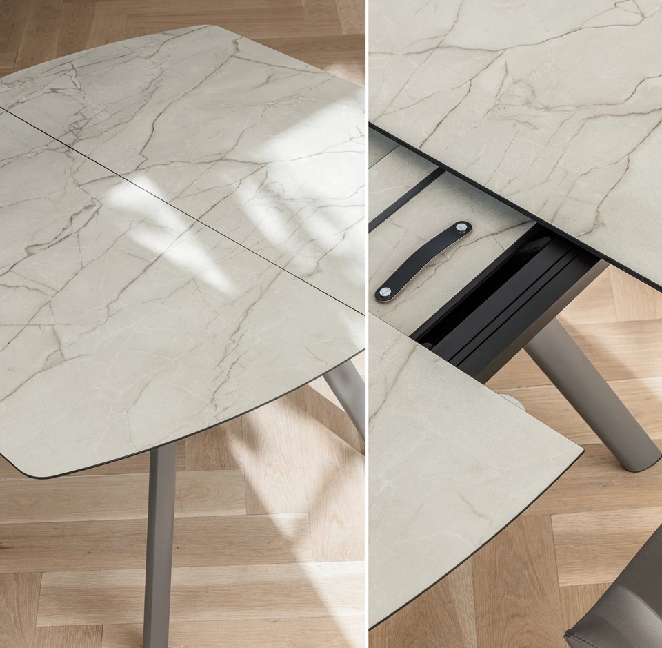 TAVOLO NEL FISSO/ALLUNGABILE PIANO A BOTTE IN HPL STRATIFICATO BASE METALLO LP - Immagine 2 di 4