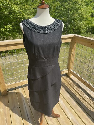 Connected Apparel Tiered Ruffle Sheath Dress Women 10 M Black Jeweled Neck 3641