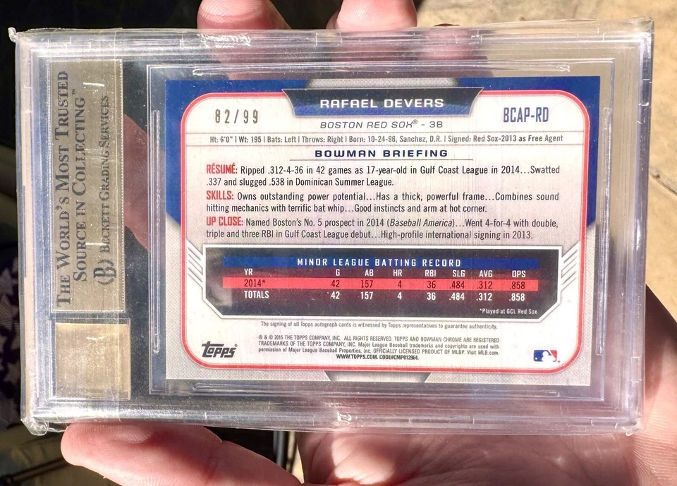 Rafael Devers 2015 Bowman cromo novato refractor verde automático 82/99 BGS 9,5/10!! Foto 4 de 4