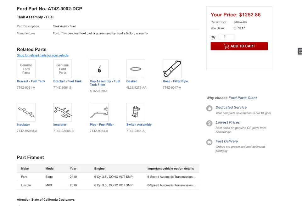 New 2007 2008 2009 2010 Ford Edge Lincoln MKX Fuel Gas Tank OEM AT4Z-9002-DCP - Image 2 of 4