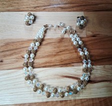 Vintage Rhinestone Faux Pearl Beaded Choker Necklace And Earrings Set