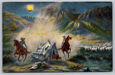 1940 L.H. Dude Larsen Range Feud Cowboy Art Postcard Sheep Camp