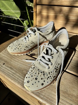 KATE GRAY Grey Suede Sneaker Rhinestone Detail Silver Laces Sz 8.5 / 39