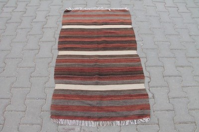 Brown Striped Vintage Rug - 2x4 ft | Handmade Turkish Tribal Kilim for Area