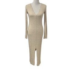 Zara Womens Ribbed Knit Midi V-Neck Dress Sz Large Cream Long Sleeve Bodycon