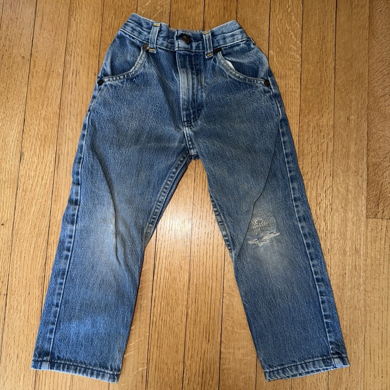 Vintage Osh Kosh B’gosh Denim Blue Jeans Size 4T / 4R Distressed Ripped Knee Vtg