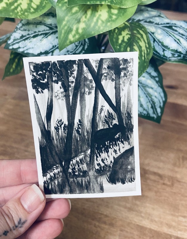ACEO Original Art Card 2.5 x 3.5 bear walking in the woods  Dark Black And White