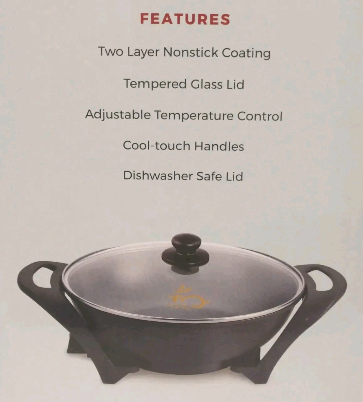 Electric Wok Nonstick Adj Temp Glass Lid Cool Touch Handles By Chefs Counter NEW