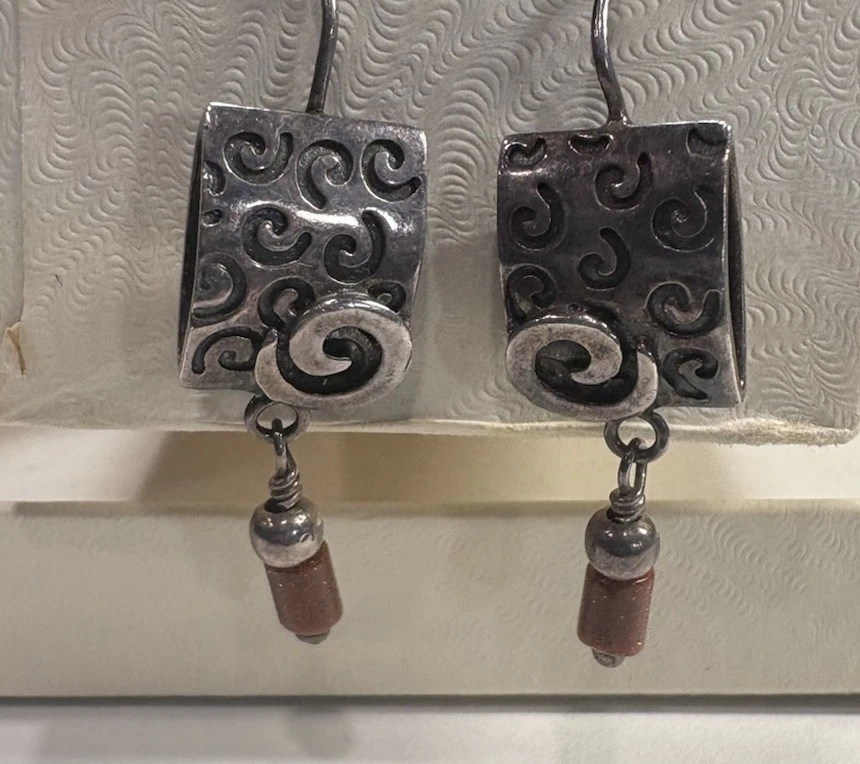 Silpada .925 Sterling Silver Scroll Earrings & Goldstone Bracelet Set Boho Style - Image 2 of 4