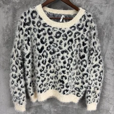 Mudd Women Leopard Print Eyelash Knit Fuzzy Sweater Sz L Mob Wife Baddie Kitsch