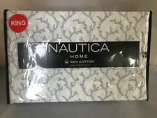 Nautica Blue/White Branch Printed Soft Cotton 4 pcs King Sheet Set 100 cotton
