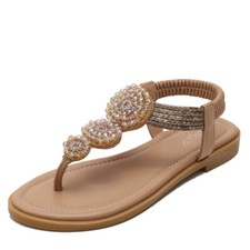 Summer Bohemian Rhinestones Flowers Women's Sandals Flat Beach Vacation Shoes