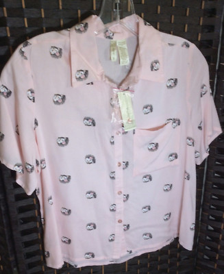 Japna NWT Girls Pink Hedgehog Blouse Size Small/Button Down/Short Sleeve