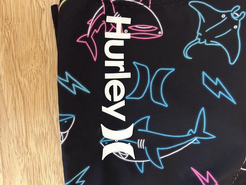 Hurley All over Neon Sharks/ Logo Black swim trunks/ board shorts boys size 4. - Picture 6 of 6