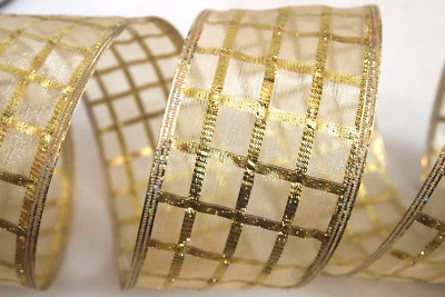 5 Yards Sheer Gold Checkered 2 1/2'' Wired Ribbon Window Pane Christmas Wedding