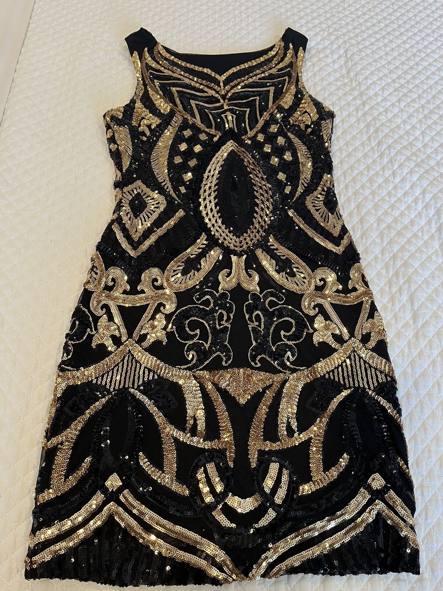 black and gold sequin mini dress Zapaka Women Sparkly Black Golden Sequin 1920s Dress with Fringes Bodycon Scoop Short Flapper Dress, Black Golden / M main image 0