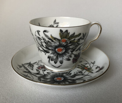 Vintage Stanley Bone China (England) Tea Cup Saucer-Grey/Orange