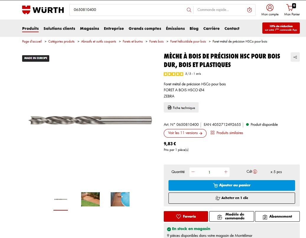 Foret bois HCS WÜRTH à pointe de centrage anti-déviation pour panneaux durs