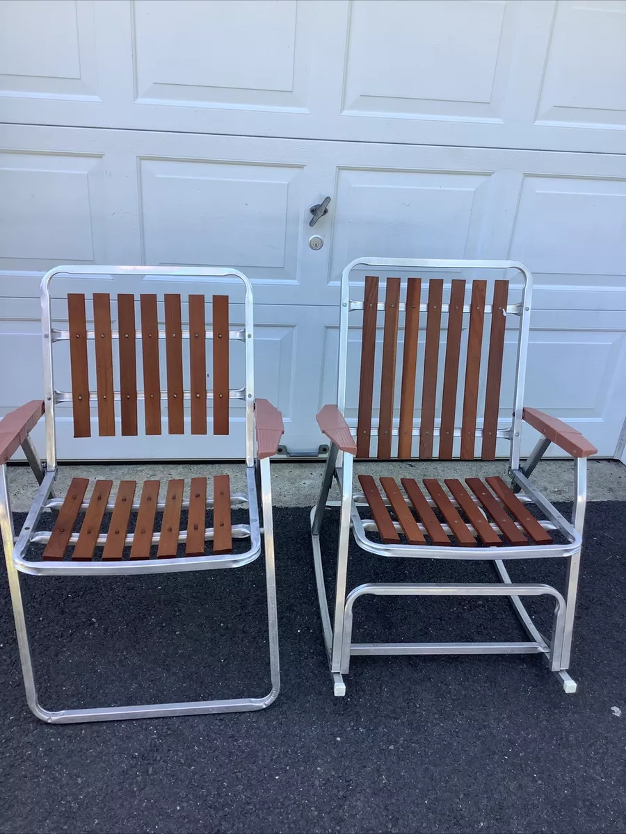 Vintage Aluminum 7 Slat Wood rocking Chair Standing Chair Lawn