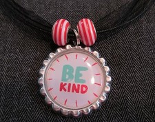 BE KIND Black Ribbon Bottle Cap Bling Charm Necklace Striped Beads Respect Week