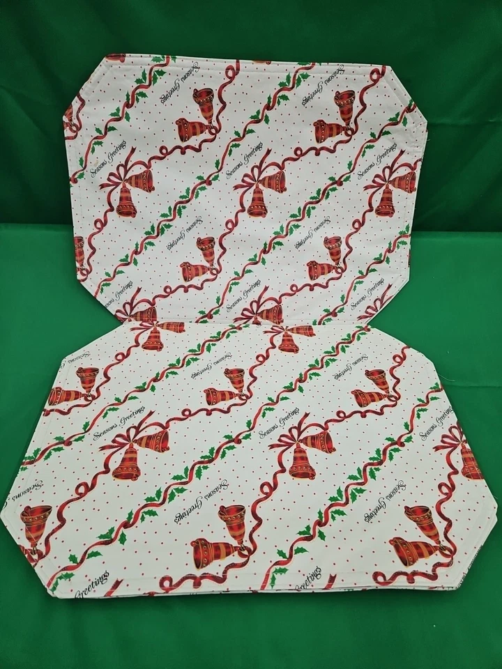 "Juego de 8 manteles individuales de vinilo vintage campanas de acebo de Navidad de 17,5 x 12,5"" rojo verde dorado" Foto 3 de 4